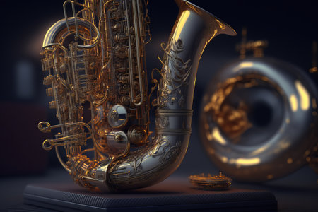 A black saxophone with a beautiful ornament and golden color stands on a dark background for Jazz Day. AI generationの素材