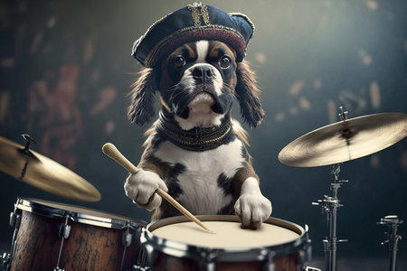 A drummer dog in a hat sits at a drum kit for Jazz Day. AI generationの素材