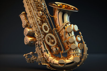 The golden saxophone is depicted on a dark background. AI generation.の素材