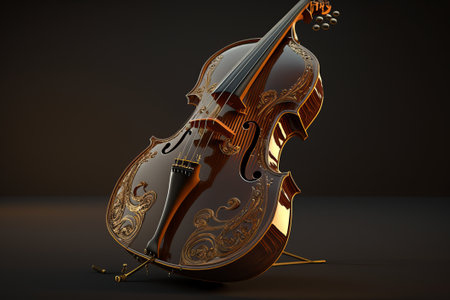 Double bass with golden details. The cello stands on a dark background. AI generationの素材