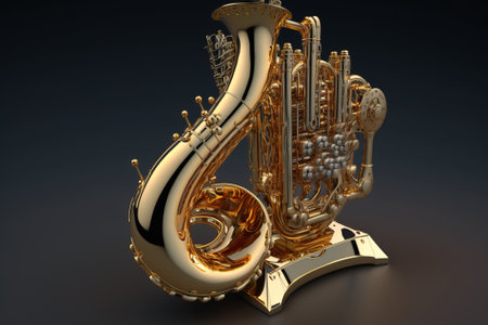 An incredible Golden Saxophone with a lot of details in the form of a stand is depicted on a dark background for Jazz Day. AI generationの素材