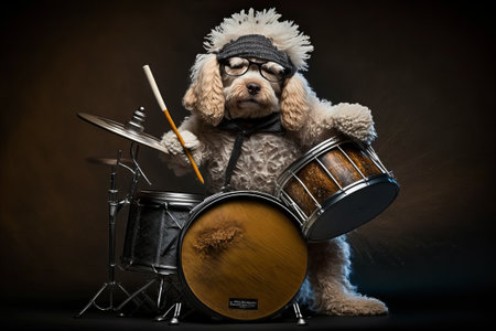 Funny curly dog drummer in glasses sits at a drum kit on a dark background for jazz day. AI generationの素材