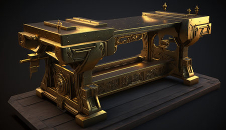 a workbench made of gold for carpentry and metalwork for the master on a wooden footboard with many elements and small details in its appearance. ai generationの素材