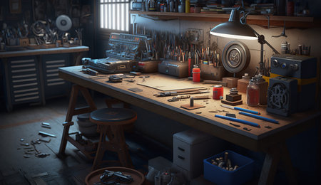 workbench workbench for carpentry and locksmith work in a large room for a craftsman working with metal and wood productsの素材