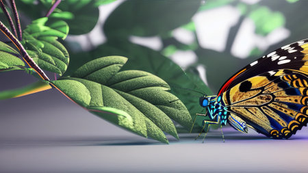 a butterfly with beautiful wings and a neon body looks at the leaf. AI Generatedの素材