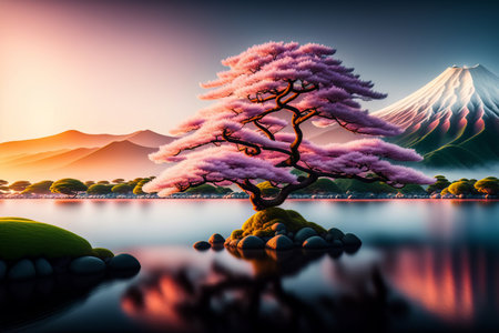 A lone sakura tree stands on an island in front of a volcano and mountains at sunset. AI Generatedの素材