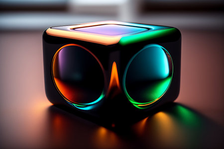 Tesseract with embedded spheres and neon reflection. AI Generatedの素材