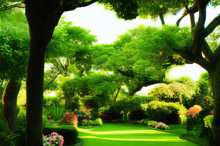 Bright beautiful green yard with trees and bushes. AI Generatedの素材