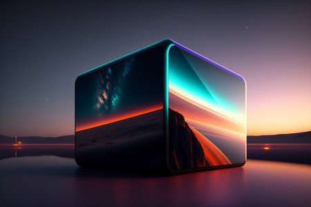 A futuristic mirror cube showing different points of the planet from different sides stands on a gentle dark background. AI Generatedの素材