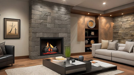 Creative room with a fireplace. AI Generatedの素材