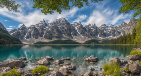 Incredibly beautiful landscape with a lake and mountains. AI Generatedの素材