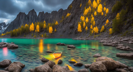 Beautiful landscape with a transparent lake and glowing mountains. AI Generatedの素材