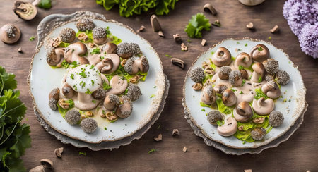 A dish of mushrooms on a beautiful plate. AI generated.の素材