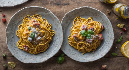 spaghetti with cheese on a beautiful plate. AI generated.の素材