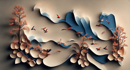 Paper collage with birds and trees. AI generation.の素材