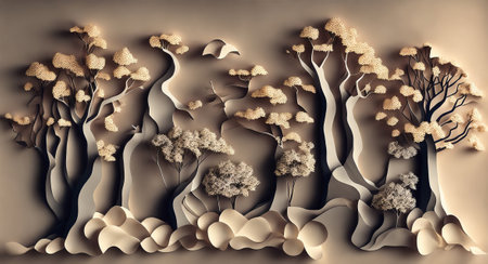 Paper collage with trees in gray tones illustration. AI generation.の素材