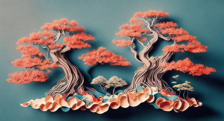 Paper collage with bonsai trees. AI generation.の素材