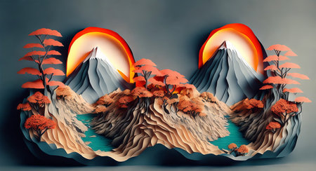 Paper collage sunset on the background of mountains and rivers in Asian style. AI generation.の素材
