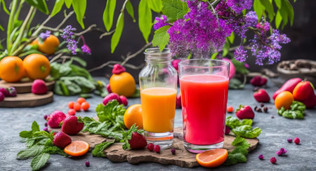 Fruit juice in glasses with a beautiful design. AI generation.の素材