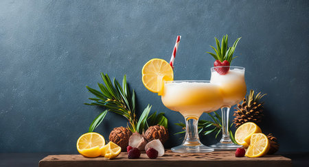 Pina colada cocktail in glasses with beautiful decoration. AI generation.の素材