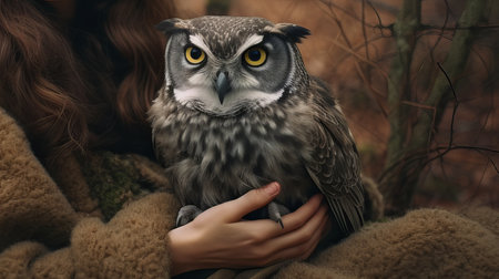 girl holding an owl in her hands. ai generationの素材