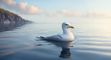 a lonely seagull swims in a calm sea realist. ai generationの素材