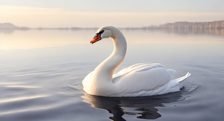 a lonely swan swims in a calm sea realistic. ai generationの素材
