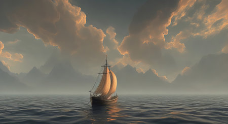 lonely ship in a calm sea realistic. ai generationの素材