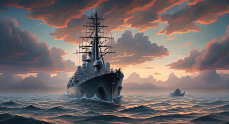 lonely warship in a calm sea realistic. ai generationの素材