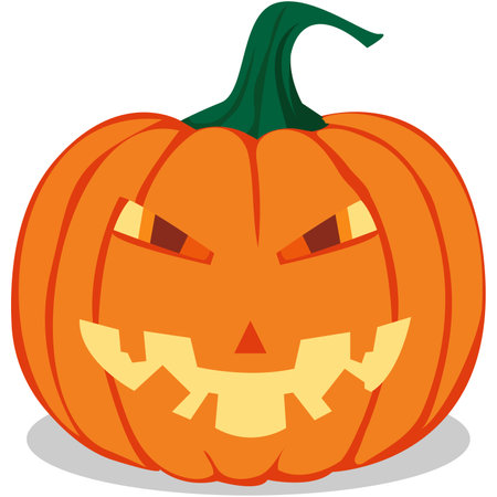 Halloween pumpkin icon. Vector. Autumn symbol. Flat design. Halloween scary pumpkin with smile, happy face. Orange squash silhouette isolated on white background. Cartoon colorful illustration.のイラスト素材