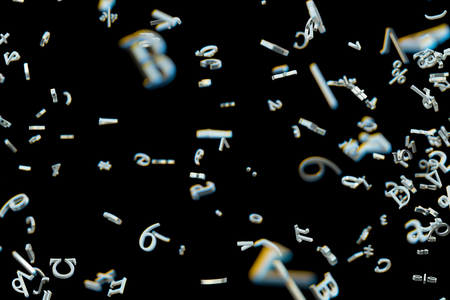 Flying numbers and math symbols. Isolated on black background. Include clipping path. 3d illustrationの写真素材