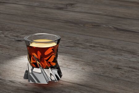 Whiskey on wooden background with copy-space. An old and vintage countertop with highlight and a...