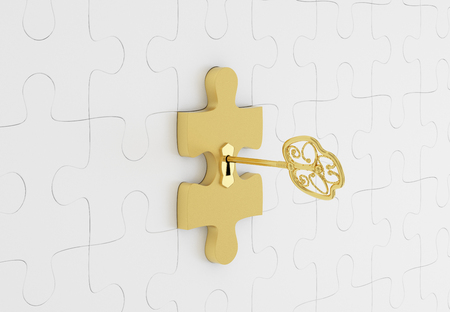 Golden key and puzzle. 3d renderの写真素材