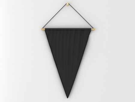 Black pennant (pennon or pendant) hanging on a white wall. Include clipping path. 3d illustrationの写真素材