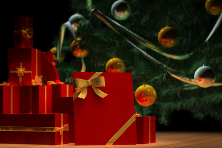 Red christmas gifts boxes and christmas tree with christmas decorations. Christmas background mockup. 3d renderの写真素材