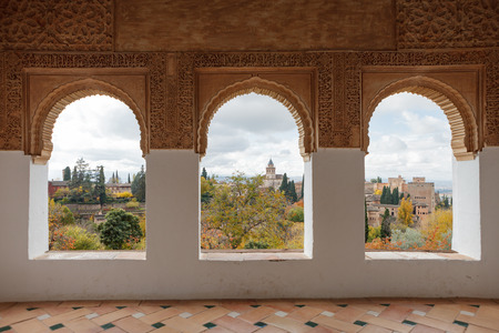 Landscape view of Alhambra palace and fortress complex from Generalife gallery windows. Granada, Andalusia, Spainの写真素材