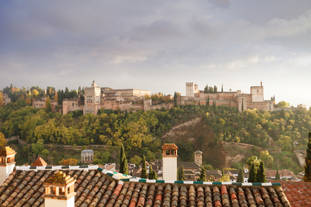 Landscape view of Alhambra palace and fortress complex from town. Granada, Andalusia, Spainの写真素材