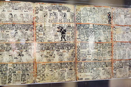 Fragment of Maya book - the Madrid Codex (also known as the Tro-Cortesianus Codex or the Troano Codex). Spainの写真素材