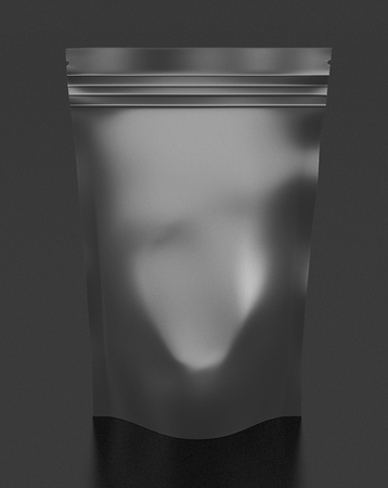 Blank black foil snack package. Isolated on black background. Include clipping path. 3d renderの写真素材