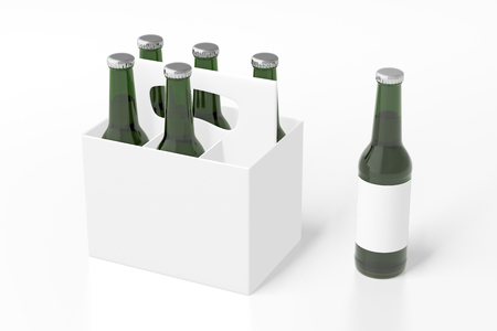 Six bottles white blank beer packaging with green bottles and single bottle isolated on white background. 3d renderの写真素材