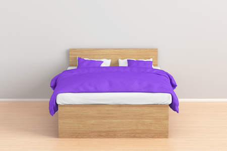 Wooden double bed with violet linen in simple interior. 3d renderの写真素材