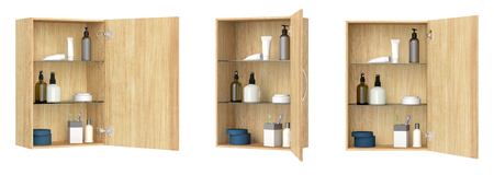 Different views of open wooden bathroom cabinet with cosmetics and bath products isolated on white....