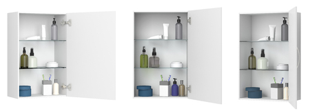 Different views of open white bathroom cabinet with cosmetics and bath products isolated on white. 3d illustrationの写真素材