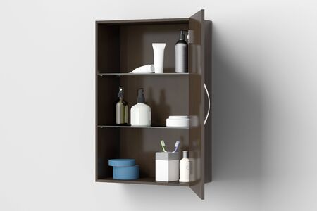 Open dark brown bathroom cabinet with cosmetics and bath products isolated on white wall with clipping path. 3d illustrationの写真素材