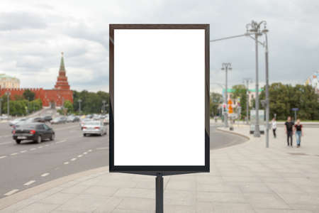Blank vertical street billboard poster on city background. 3d illustration.の写真素材