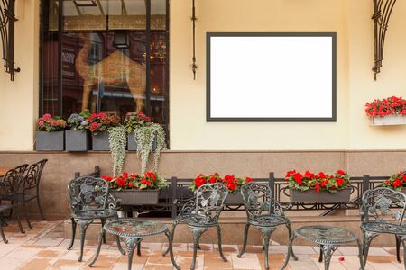 Blank billboard poster on cafe exterior. 3d illustration.の写真素材
