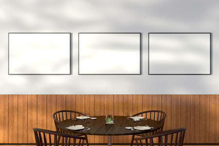 Modern restaurant interior with served tables and three blank horizontal  poster mock up. 3d illustrationの写真素材