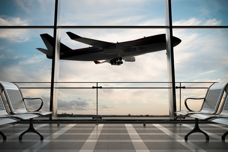 Empty airport departure lounge with airplane on background. 3d illustration の写真素材