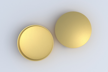 Two gold round boxes opened and closed on white background. 3d illustrtionの写真素材