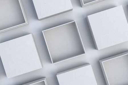 Blank open and closed white square boxes mockup on white background. 3d illustrationの写真素材